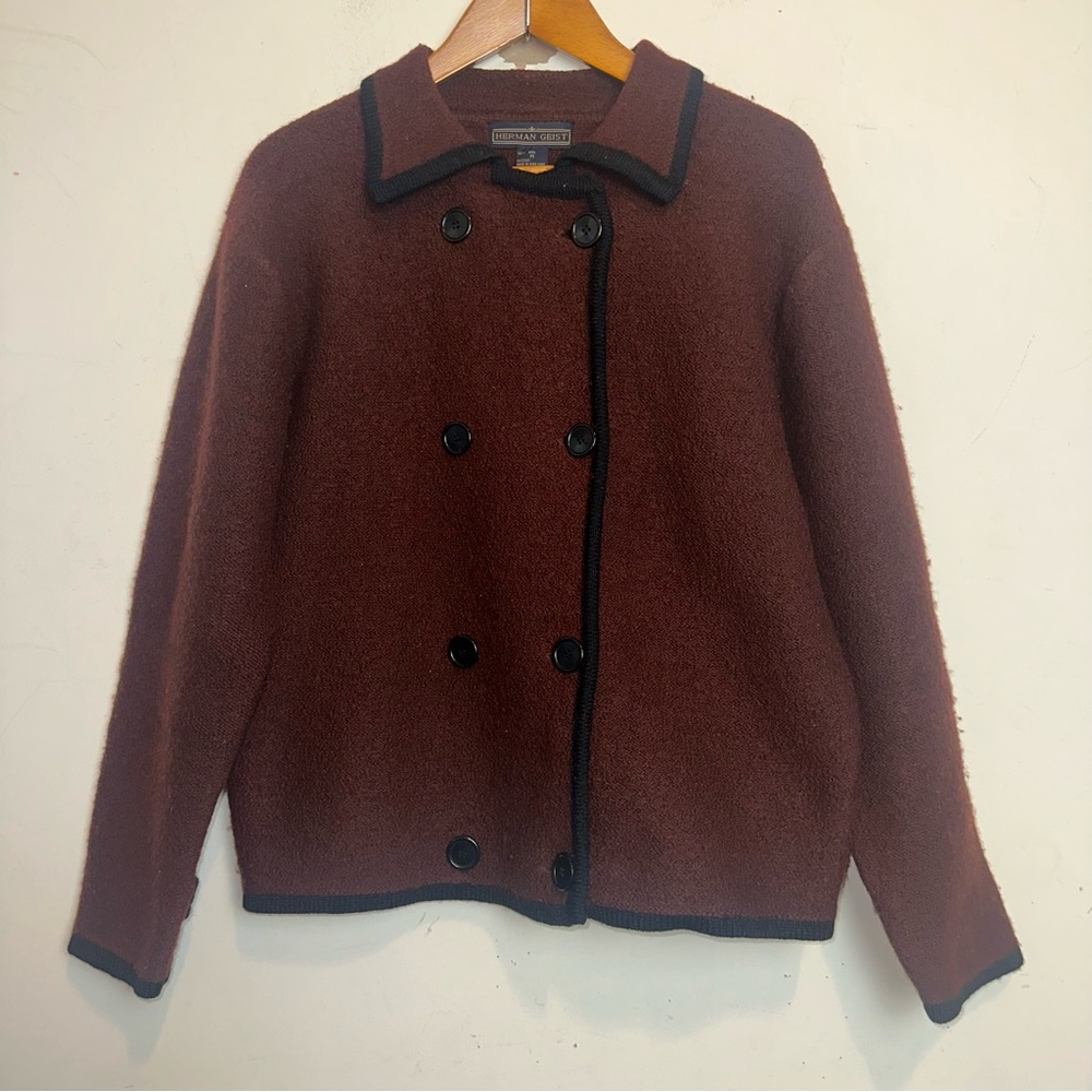 Vintage Herman Geist Brown Double Breasted 100% Wool Brown Cardigan Size Medium - Picture 1 of 7